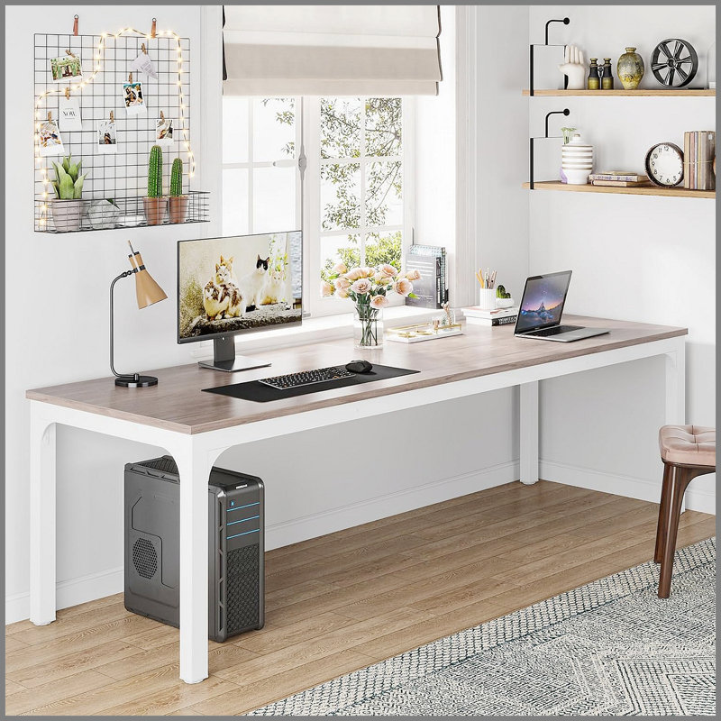 Bureau d'ordinateur très long 78,7 pouces pour 2 personnes, poste de travail double pour bureau à domicile avec pieds en acier robustes et finition chêne moderne et blanc