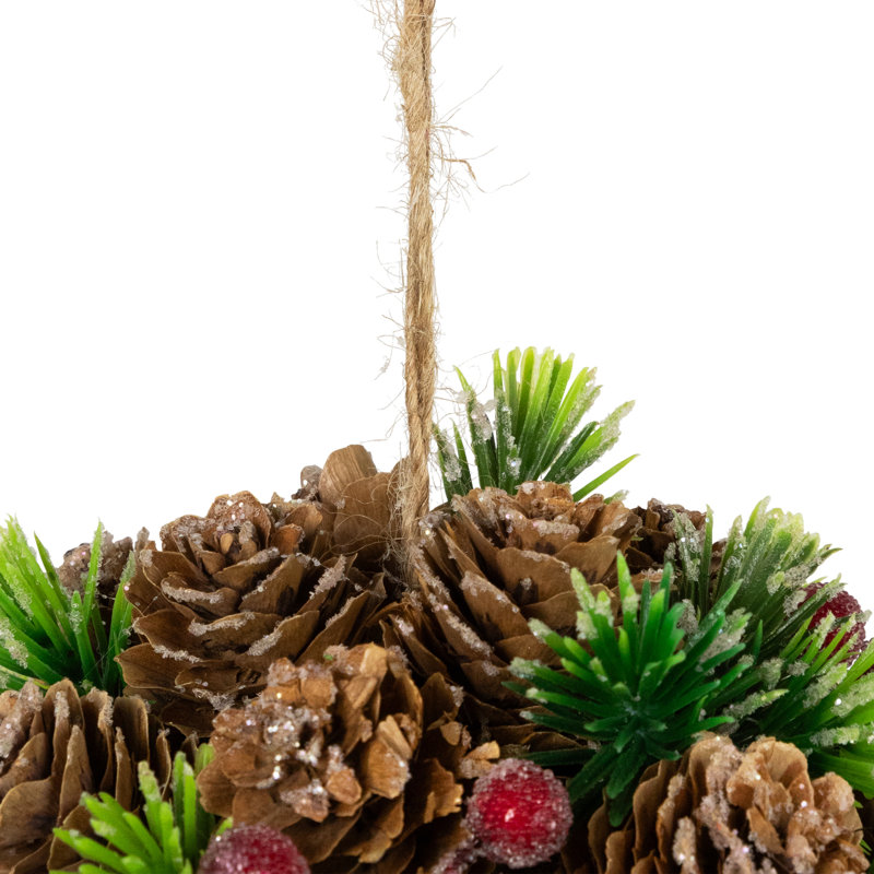 Frosted Pinecones Berries And Pine Sprigs Christmas Ball Ornament - 5"