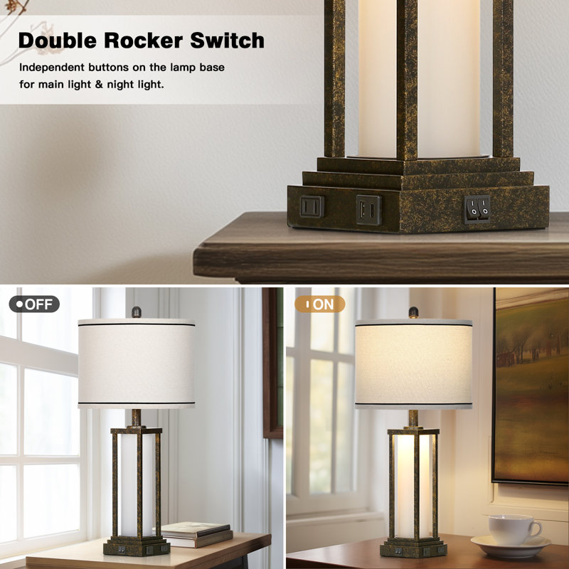 27” Tall Vintage USB Table Lamp Set with Nightlight, Bulb Included, Distressed Black