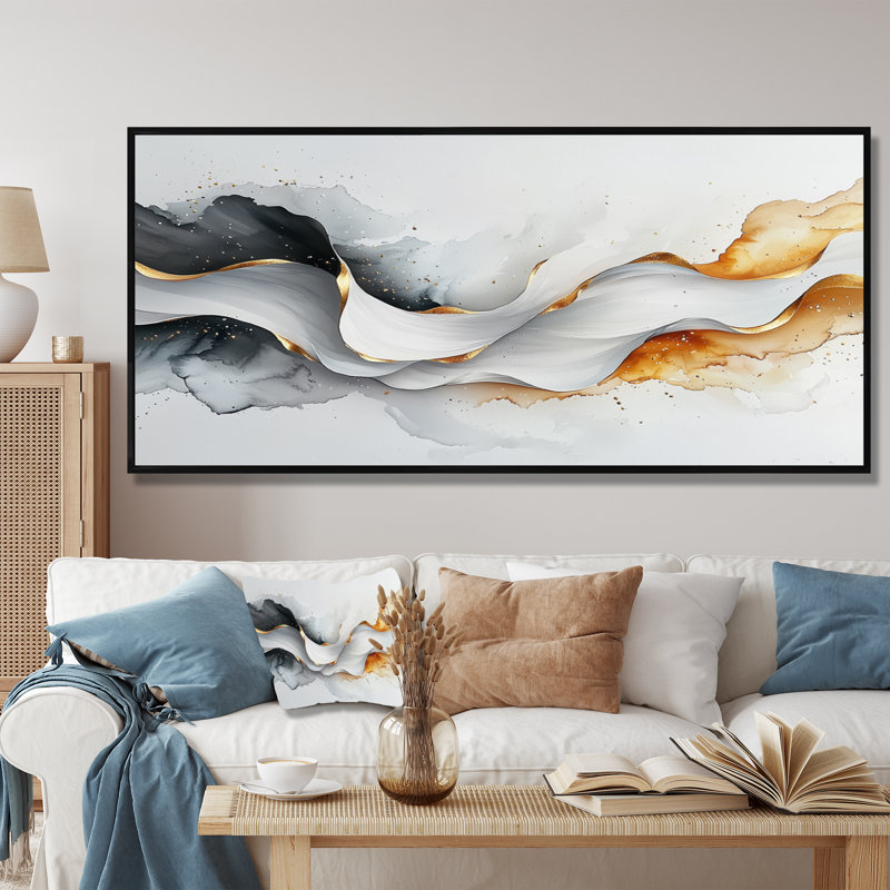 Vagues modernes blanches et dorées d'introspection - Modern Waves, art mural abstrait pour le salon, Noir, H 28 po x l 60 po