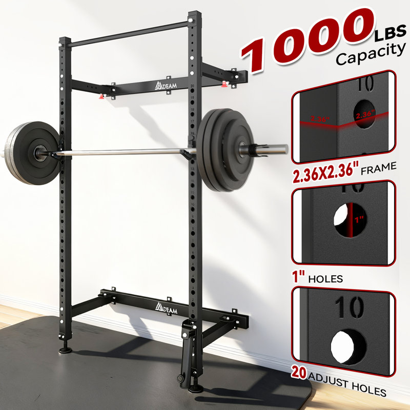 Support à squats pliable - Support mural en acier de 2,36 po x 2,36 po pour la gymnastique à domicile - Cage à squat pliable peu encombrante avec capacité de 1000 lb, barre de traction, crochets en J et mine terrestre