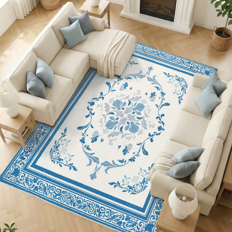 Magnolia Floral Area Rug with Faux Cashmere Feel, Medium Pile, Non-Slip Design for Living Room or Reading Nook, Blue