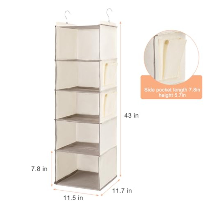 Organisateur de penderie et tablettes suspendues, 5 tablettes suspendues avec 2 poches latérales, rangement pliable, beige