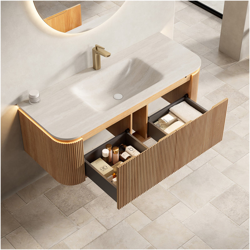 48'' Bathroom Vanity&Sink, Floating Curved Edges Striped Cabinet With 2 Drawers, Sensor Light, Travertine-Pattern Sintered Stone Hot-Bent Integrated Basin, Pre-Assembled, Natural Woodgrain Color