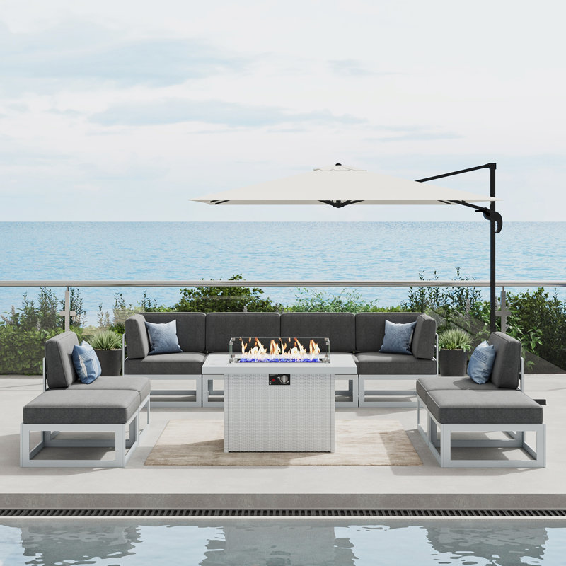  10 Pieces Modern Aluminum Patio Furniture Set With Fire Table, Outdoor Modular Sectional Conversation Set L-shaped Sofa For Backyard