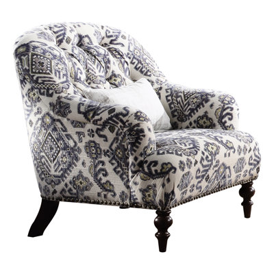 Fauteuil en tissu à motif avec 1 coussin, rembourrage en duvet et en mousse pour le coin salon, bouton arrière, base avec garniture cloutée, coussin de siège serré, accoudoir, tourné en bois chocolat