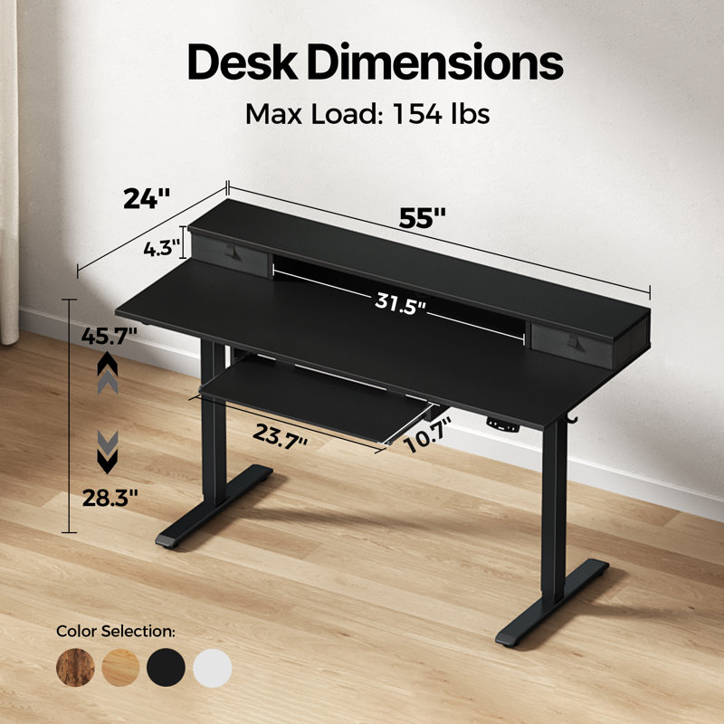 55" Electric Standing Desk With 2 Drawers And Keyboard Tray, Height Adjustable Desk for Home Office , Black/Black
