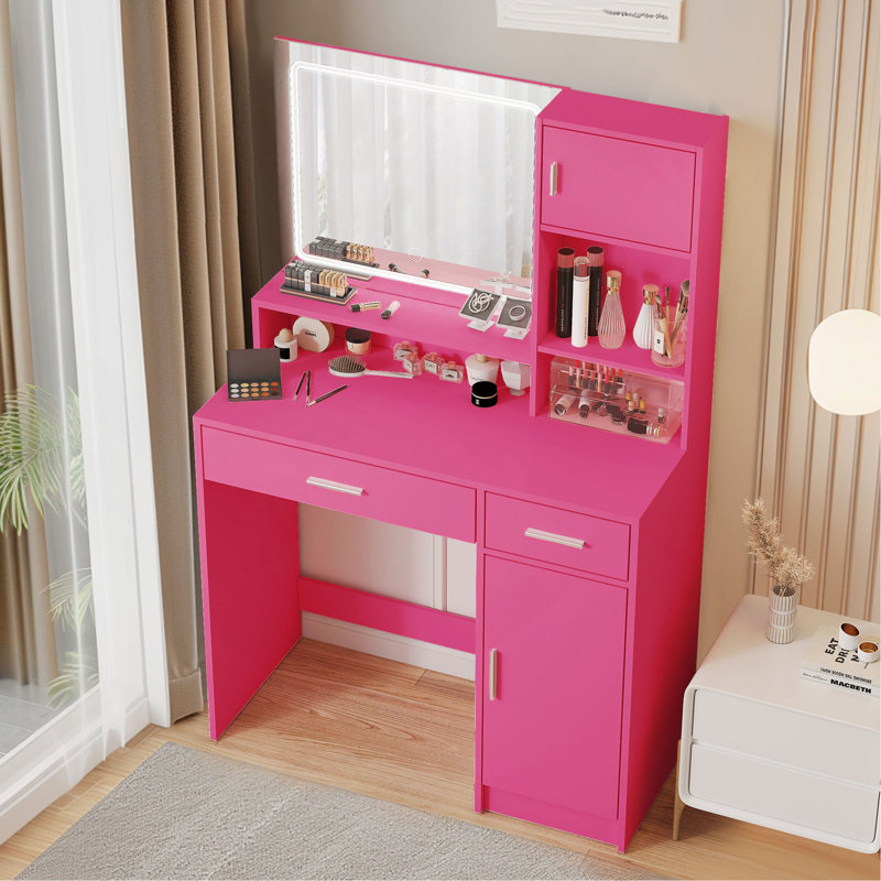 Vanity Desk With Mirror And LED Light Strip,Dressing Table With Large Drawer, 3 Level Storage Dresser & 3 Lighting Modes Adjustable Brightness, Suitable For Bedroom