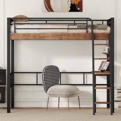 Metal   Loft Bed With Built-In Deskstorage Shelf And Ladder