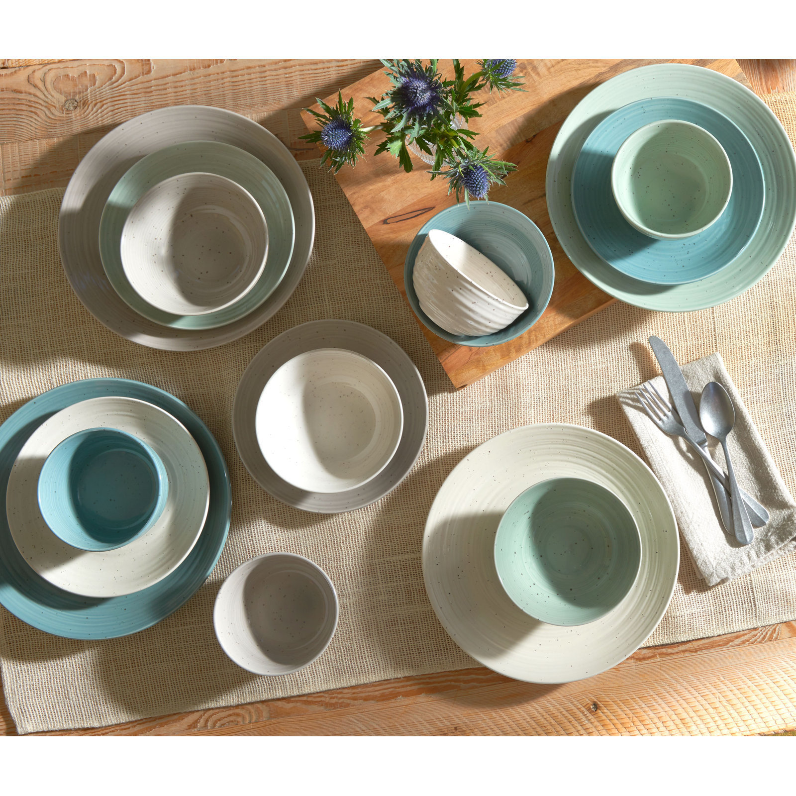 Siterra Stoneware Dinnerware Set - Service for 4, Green/Blue/Gray/Cream, Polka Dots