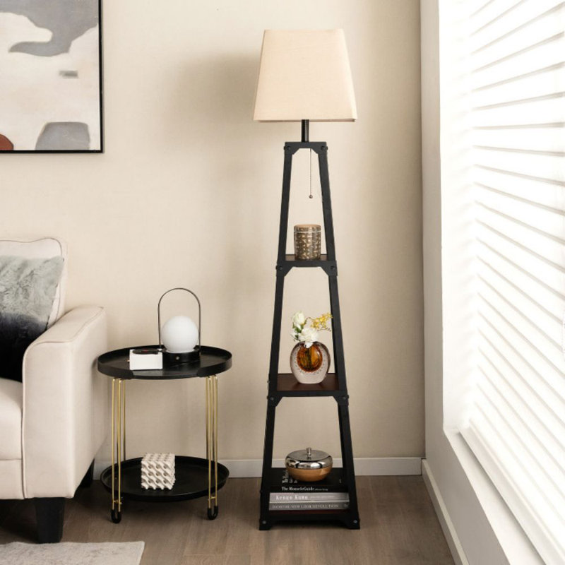 Trapezoidal Designed Floor Lamp With 3 Tiered Storage Shelf