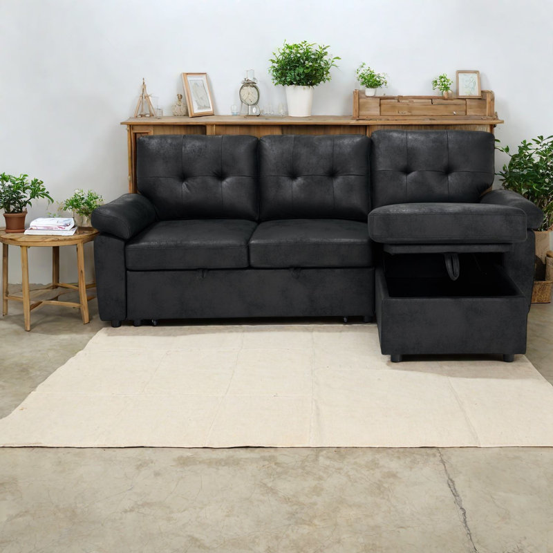Canapé-lit d'angle convertible avec rangement, 225 cm (88,5 pouces), tissu noir, style moderne, Black