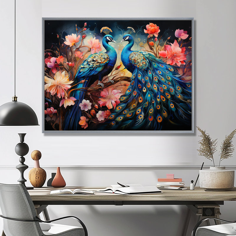 «Blue Coral Indian Art Dancing Peac II» - Art mural indien, H 16 po x l 32 po x P 1 po, Cadre simple noir