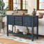 Console de 46 po en bois massif avec 2 tiroirs, armoires et tablette inférieure, armoire de rangement de style rétro pour salle à manger (bleu marine)-1202441450