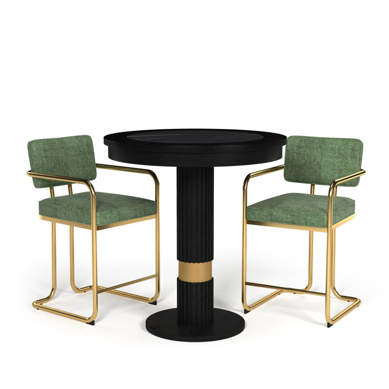 Prohibition Series 30" Pub Table - With Two Vintage - Armed Barstools By RAM Game Room, Black/Green/Gold
