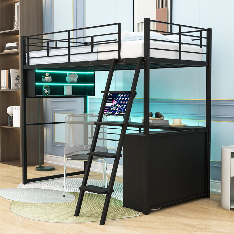 Lit mezzanine Asyraf avec bureau à DEL et 4 tablettes de rangement, Simple