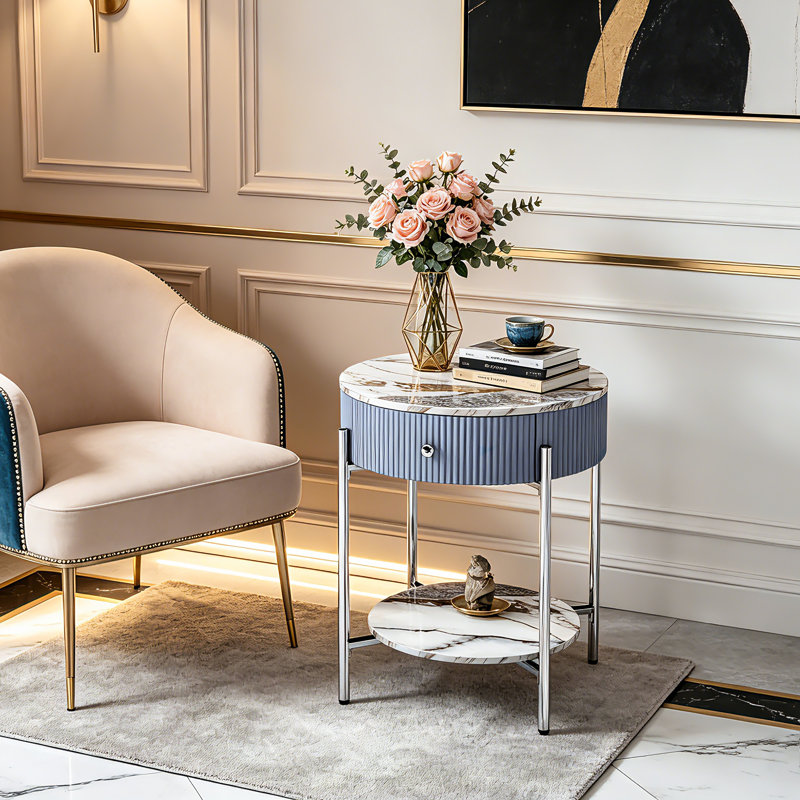 Woodville Side Table with Storage, Chrome, Calacatta Gold