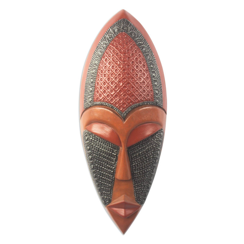 Magnifique décoration murale masque en bois africain et aluminium