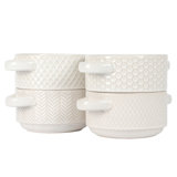 Gibson Elite Oyster Tide Embossed 6 Inch Soup Bowls with Handles. French Onion Soup Crocks, Stackable Soup Bowl, Chili, Beef Stew Reactive Glaze  Stackable Ceramic Bowl, Set of 4, White