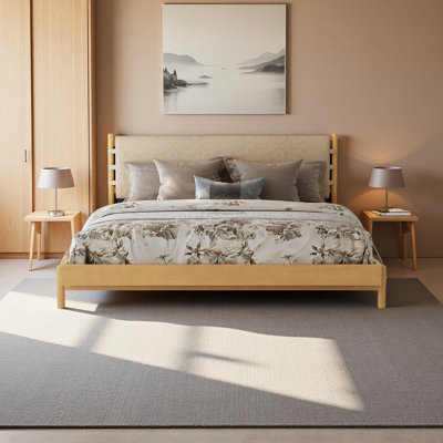 Premium Rubber Wood Platform Bed Frame,With Headboard Included, Mid Century Modern Bed