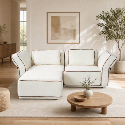 Upholstered 94.5" Boucle Slipcovered Flared Arm Loveseat Sofa With Ottoman