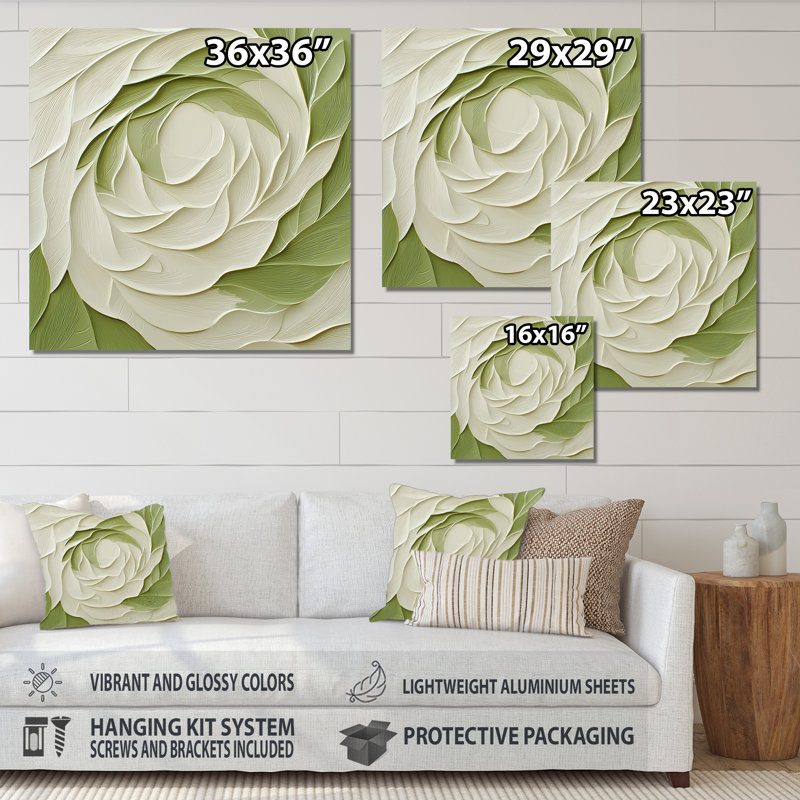 Abstrait blanc et vert, éclipse de rose, H 16 po x l 16 po x P 0,84 po