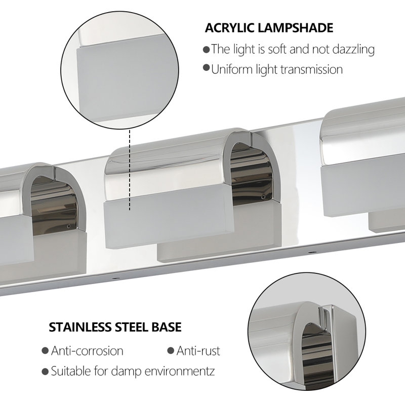 Modern LED Vanity Light, Dimmable And Reversible, 4.3" H x 21.7" W x 3.5" D, 3 Lights, Chrome