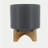 8" Planter W/ Wood Stand, Matte Gray-1513874859