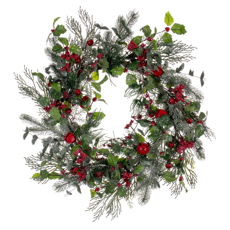 La couronne de houx artificielle verte de 24 po et de grelots rouges Holiday Aisle®.