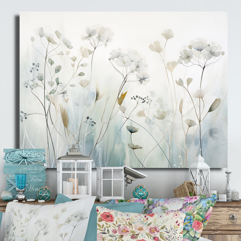 «Blue Botanical Oasis I», art mural abstrait en botanique, H 16 po x l 32 po