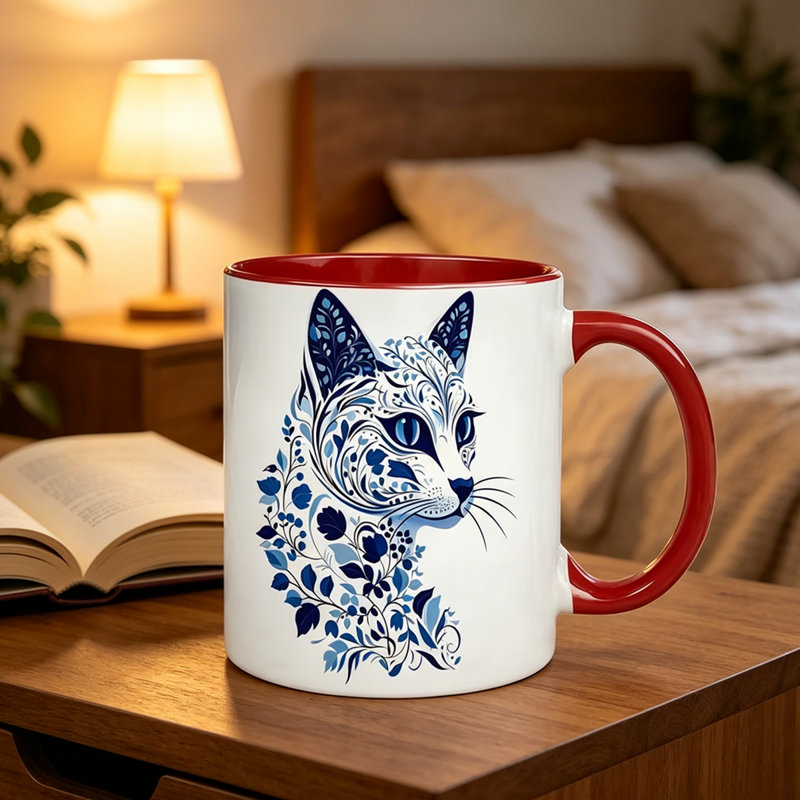 Single Elegant Blue Floral Cat Ceramic Coffee Mug - Fine Porcelain Tea Cup Featuring Cat Face & Paws Design, Ideal Gift for Cat Enthusiasts.