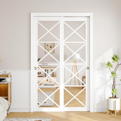 Farmhouse Sliding Closet Door with Tempered Mirror Glass, X-Frame Design & Smooth Glide Hardware