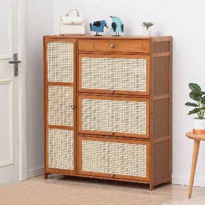 Armoire à chaussures en bambou à 6 couches avec portes en rotin et rangement à 28 paires