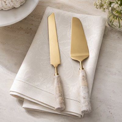Yashica Metal Cake Serving Utensil Kitchen Set with Mother of Pearl Handle in Box for Dining Table - Hostess Serveware for Entertaining and Catering - Set of 2, Tan & Gold