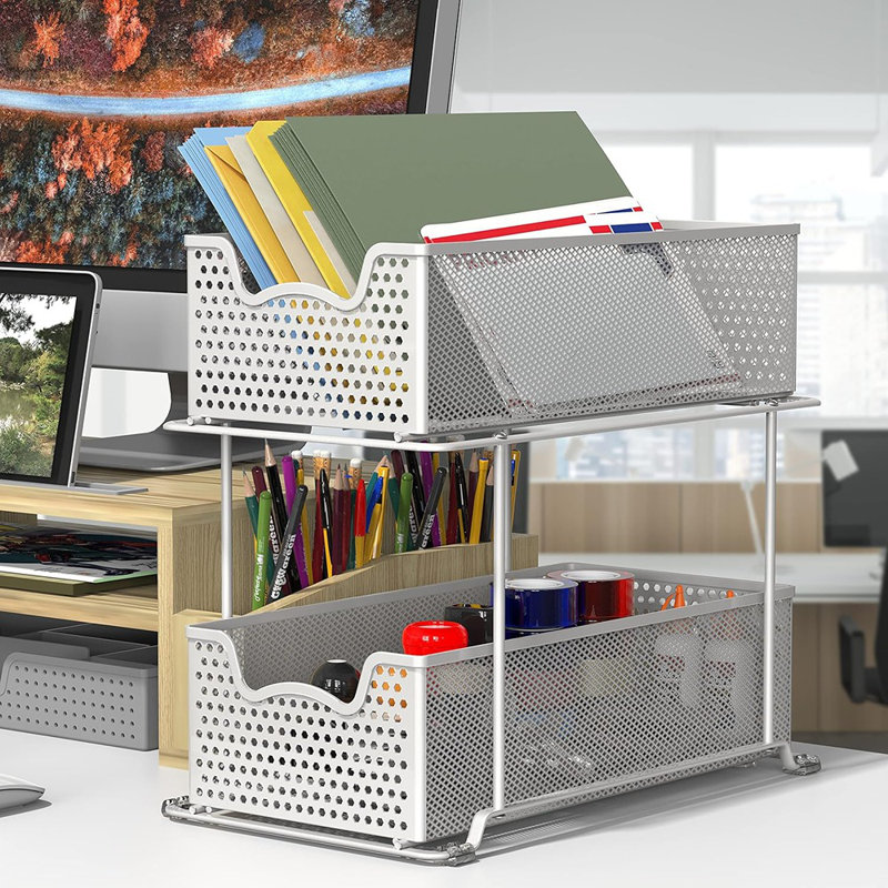 2-Tier Sliding Cabinet Basket Organizer Drawer, White