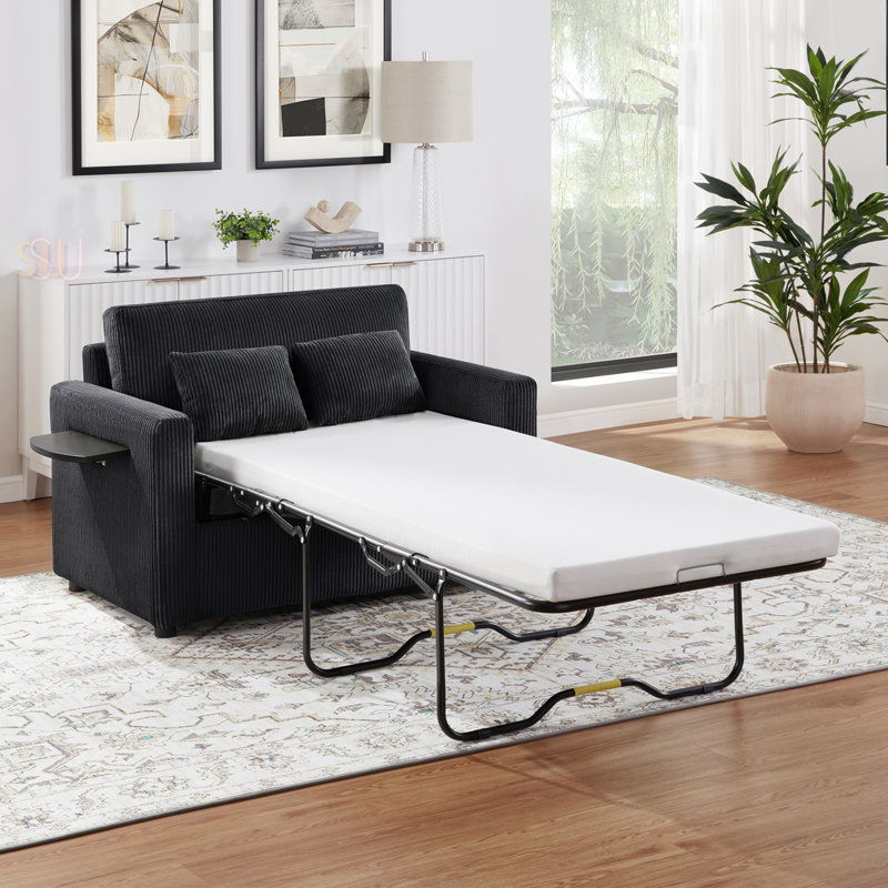 Canapé-lit simple convertible avec matelas pliable, table d'appoint, ports USB et pochette de rangement pour un salon polyvalent
