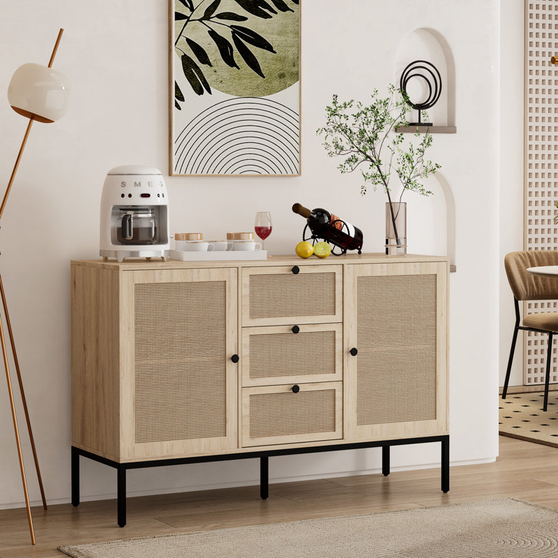 Grande armoire de rangement en buffet en rotin, buffet avec 2 portes et 3 tiroirs, pour le salon, la cuisine, Beige