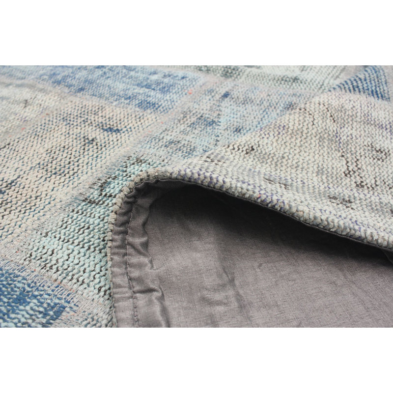 Tapis décoratif bleu clair en laine noué à la main de conception unique noué à la main des années 1980 5 pi 8 po x 7 pi 8 po Bigod