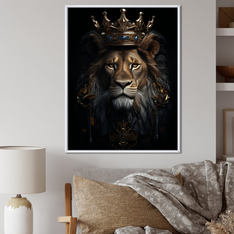 «Majestic Lion King with Golden Crown», reproduction sur toile, Cadre flottant blanc, 32" H x 24" W