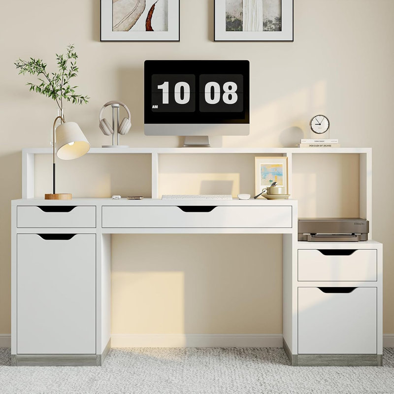 58-inch White Desk with Monitor Stand, Home Office Desk , Computer Desk with Drawers and File Storage Cabinet