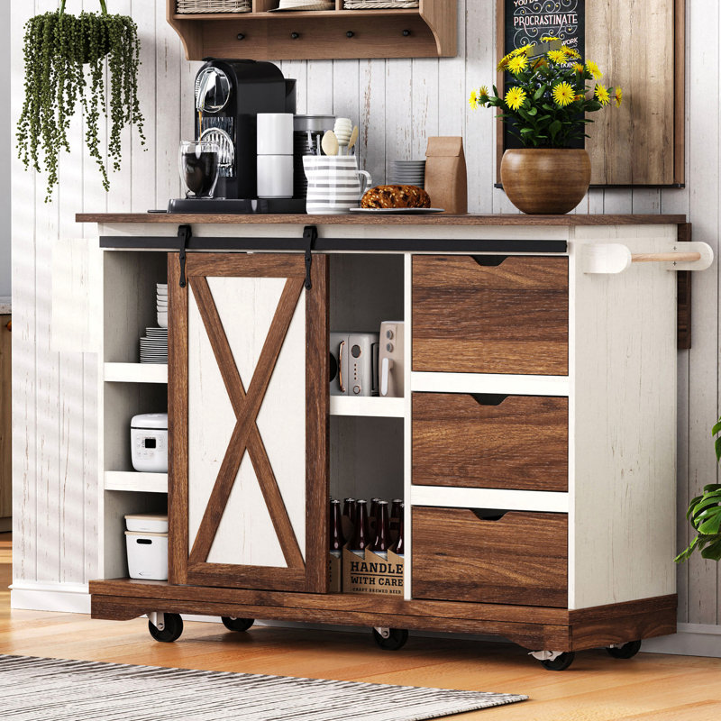 55.5 - Inch Kitchen Island, Drop Leaf, Barn Door, Spice Rack, Lockable Wheels, Dining Room And Island 55.5" With Charging Station, Ample Storage For Organization
