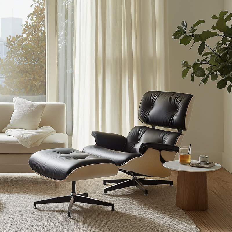 Real Leather lounge chair with Solid Wood, Natural Wood Black Genuine Leather