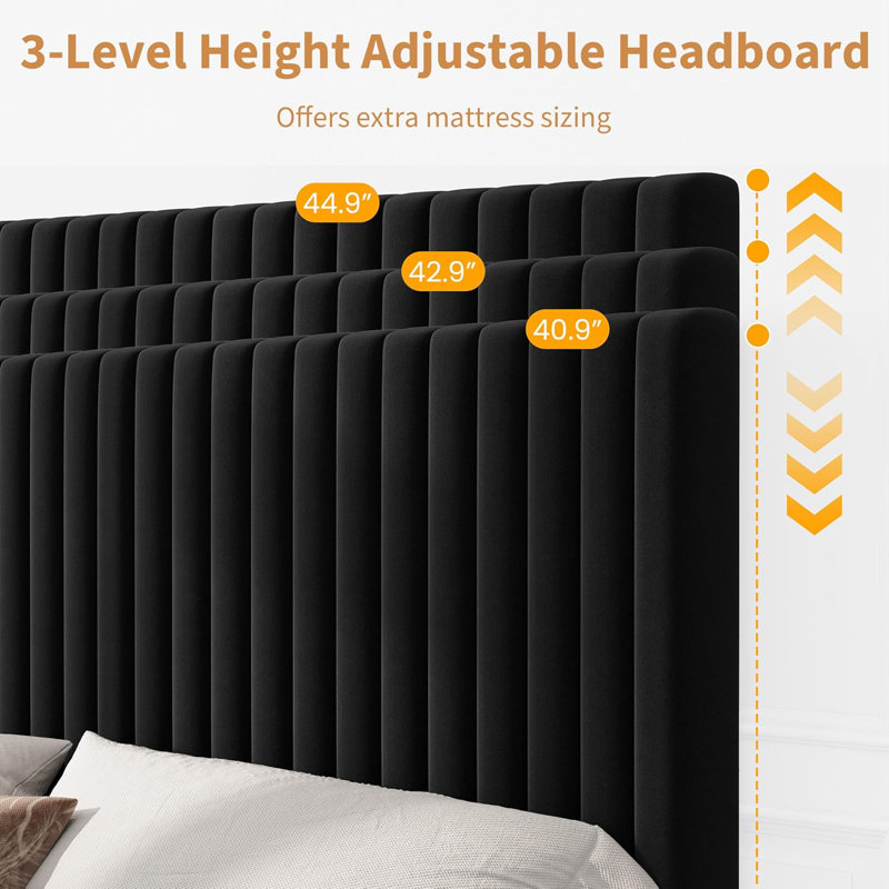 Full Size Velvet Bed Frame, Vertical Channel Tufted Headboard, Height Adjustable, Upholstered Platform Bed, No Box Spring Needed
