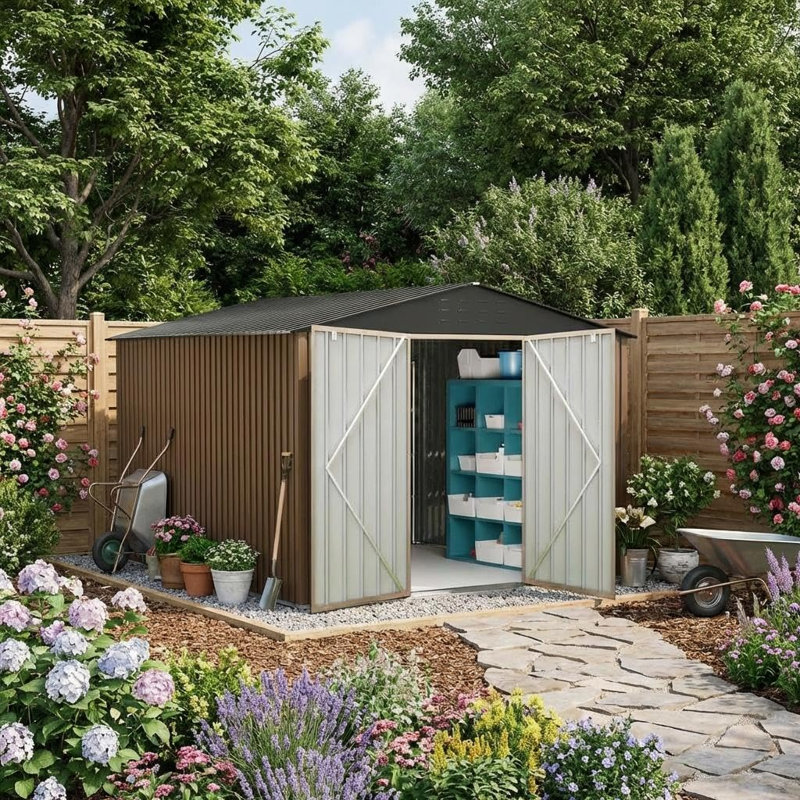 Remise de jardin extérieure en métal 10 x 10 pi avec structure robuste, toit incliné, ventilation et portes verrouillables