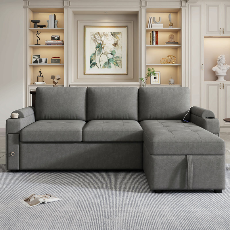 Canapé modulaire en L de 83,5 po avec canapé en L et canapé-lit avec amplement d'espace de rangement, deux porte-gobelets et deux ports USB pour le salon