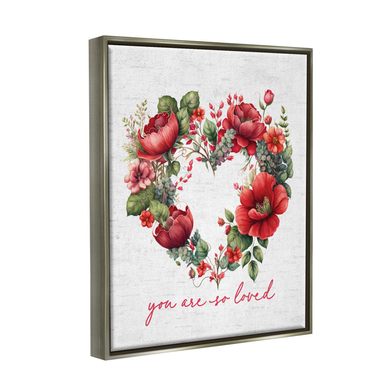 Couronne de valentine en forme de cœur encadrée sur toile, H 21 po x l 17 po x P 1,7 po, Cadre flottant gris lustré
