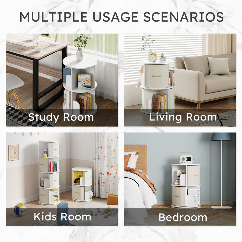 Rotating Bookshelf Tower, Solid Wood Rotating Bookshelf, 2 Tier Spinning Bookshelf With 2 Drawers, 360 Display Revolving Bookcase For Kids&adults, Round Corner Book Shelf For Bedroom, Living Room