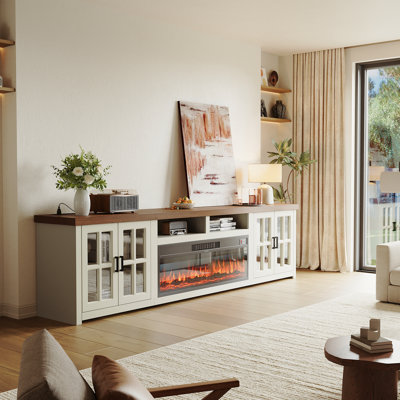 Meuble télé 98 po en bois massif avec foyer électrique intelligent Wi-Fi, station de charge intégrée et portes en verre trempé