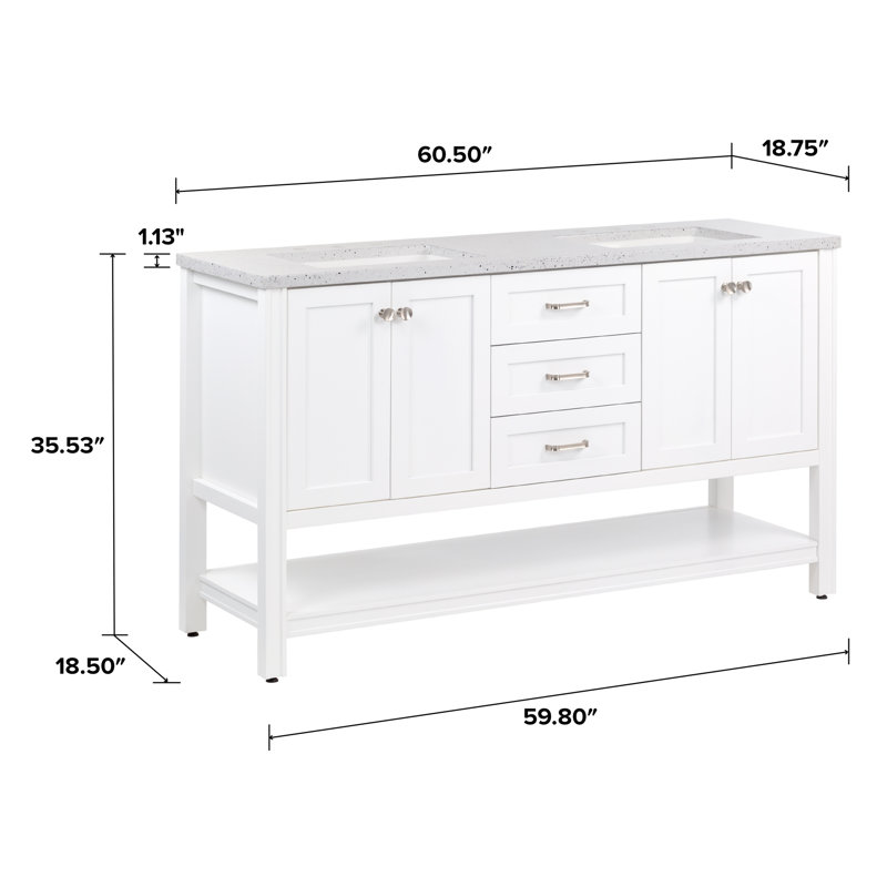 Nurtene 60'' Double Bathroom Vanity with Poly Marble Top, Silver Ash, White