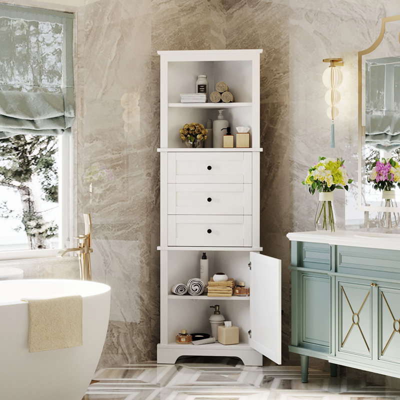 White Triangle Tall Cabinet With 3 Drawers And Adjustable Shelves For Bathroom, White